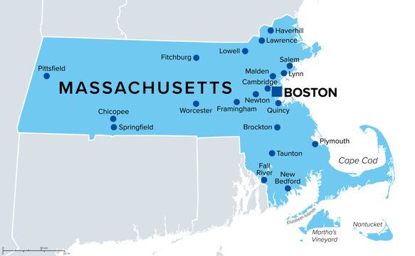 Massachusetts, U.S. state, political map. The Commonwealth of Massachusetts, a state in the New England region of Northeastern United States, with capital Boston, nicknamed The Bay State. Vector