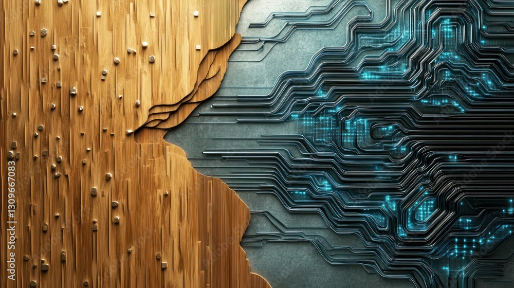 Poster a futuristic wood metal hybrid panel with circuit veins pulsating in soft blue, with open space on t