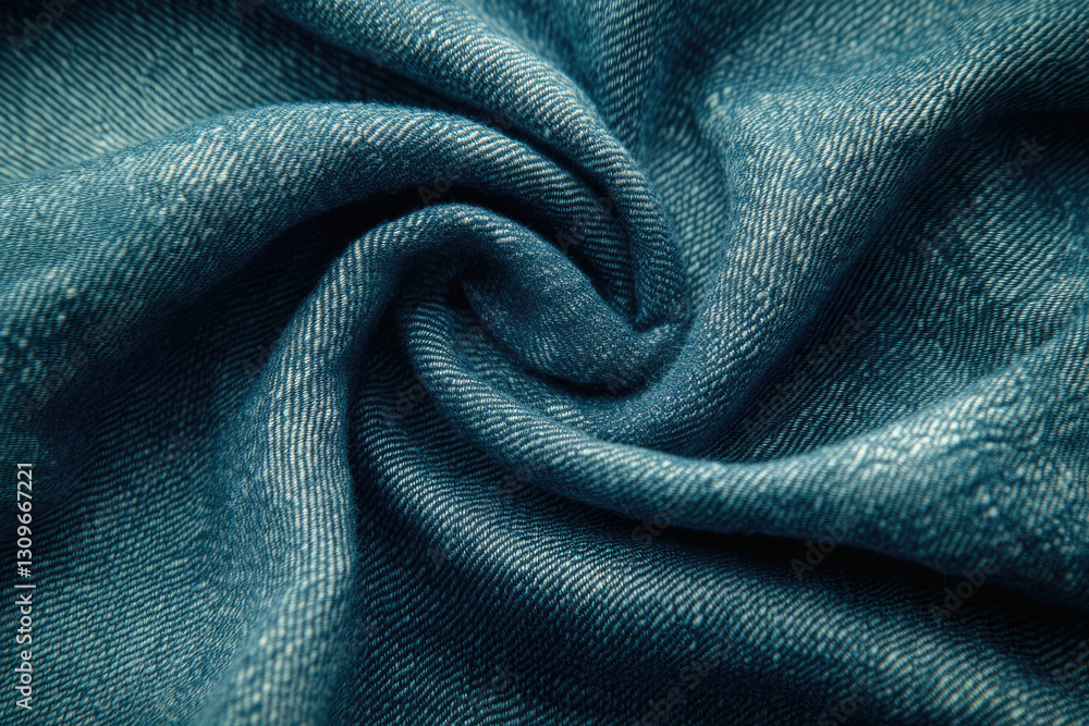 Poster close-up of teal denim fabric swirled, showing texture and weave.