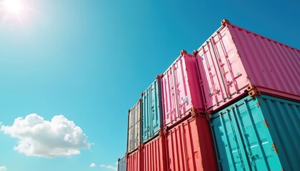 Fototapeta premium Colorful stacked shipping containers with blue sky. Cargo, delivery, international trade, freight, distribution. E-commerce logistics concept for online shopping, warehouse, merchandise, inventory.