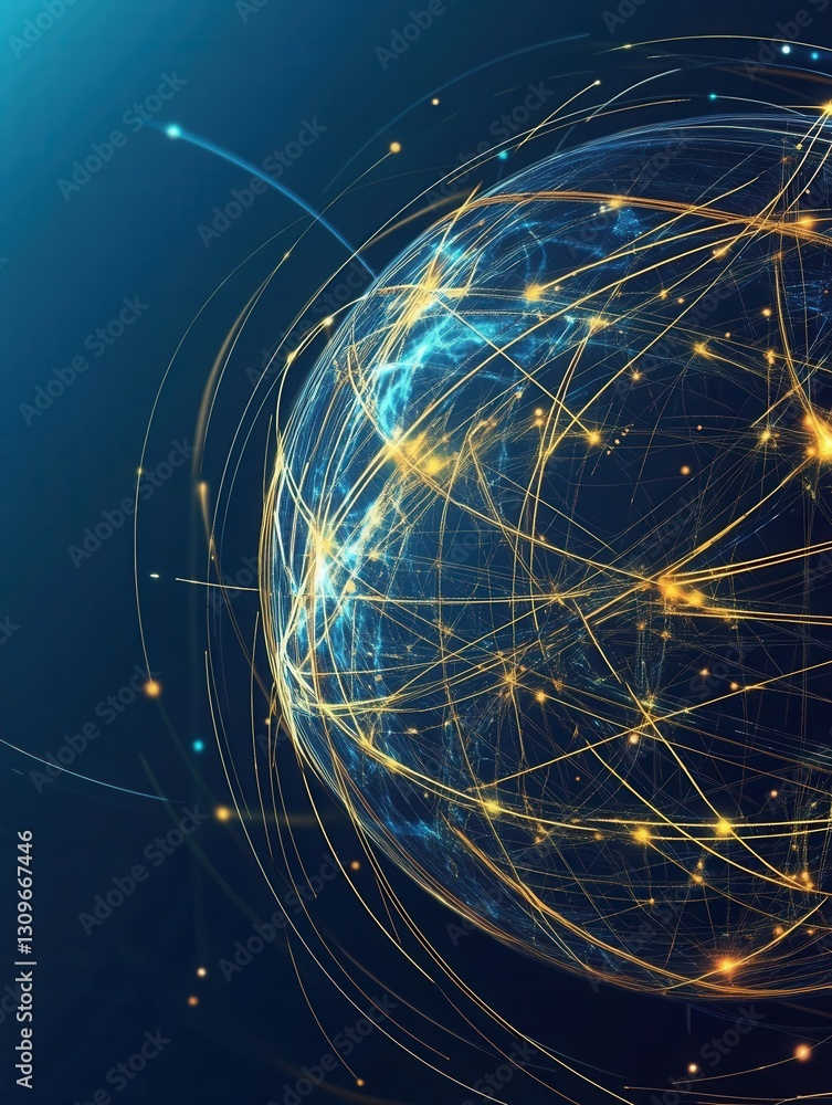 Poster Abstract design showcases a stylized globe with interconnected lines glowing in blue and gold, creating a futuristic aesthetic of global connectivity