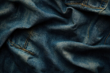 Naklejka premium Close-up of textured denim fabric showing wrinkles and seams, a classic blue jean material.