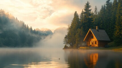 Fototapeta premium Misty Sunrise Cabin on Lakeside