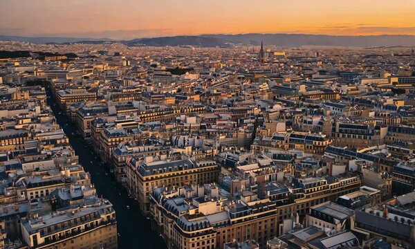 Aerial view of Paris at sunset showcasing the sprawling cityscape, rooftops, and distant mountains