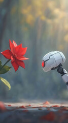 robot admires vibrant red flower in serene natural setting, showcasing harmony between technology and nature. scene evokes sense of wonder and curiosity