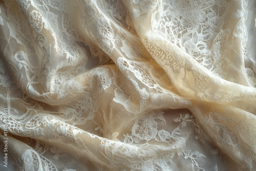 Poster beige lace fabric with delicate floral patterns, draped elegantly showcasing its texture and transpa