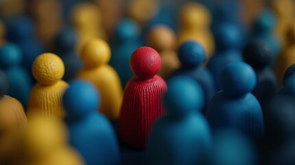 Standing Out: A bold red figure stands out against a sea of blue and yellow, representing uniqueness and individuality, diversity and inclusion, and a departure from the crowd.