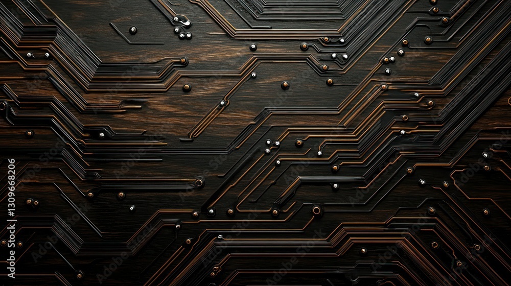 Poster dark stained wood background engraved with cyber circuitry, showing the open section of the mockup w