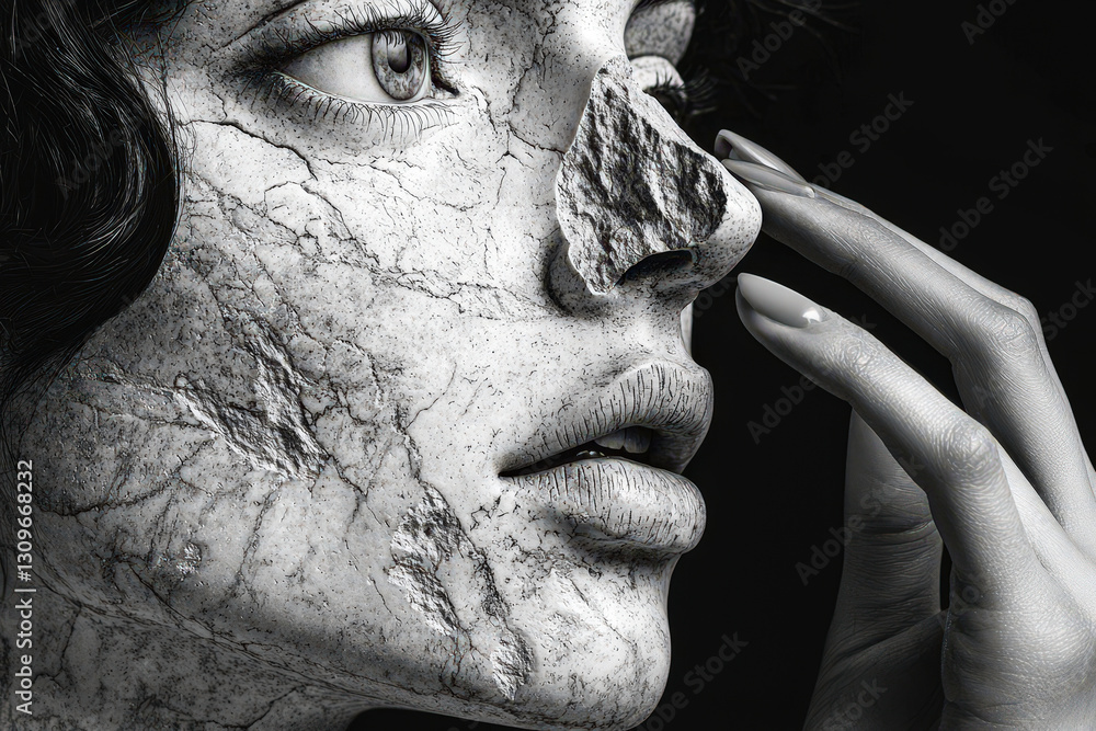 Aufkleber a woman with intricately cracked skin, resembling stone, gazes intensely. her soft touch contrasts w
