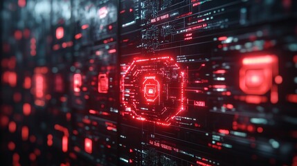 Fototapeta premium Abstract Digital Interface: Red Neon Circuits and Data Flow for High-Tech Network Visualization and Futuristic Computing Concepts.