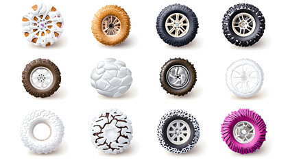 Diverse tire designs, various treads & colors