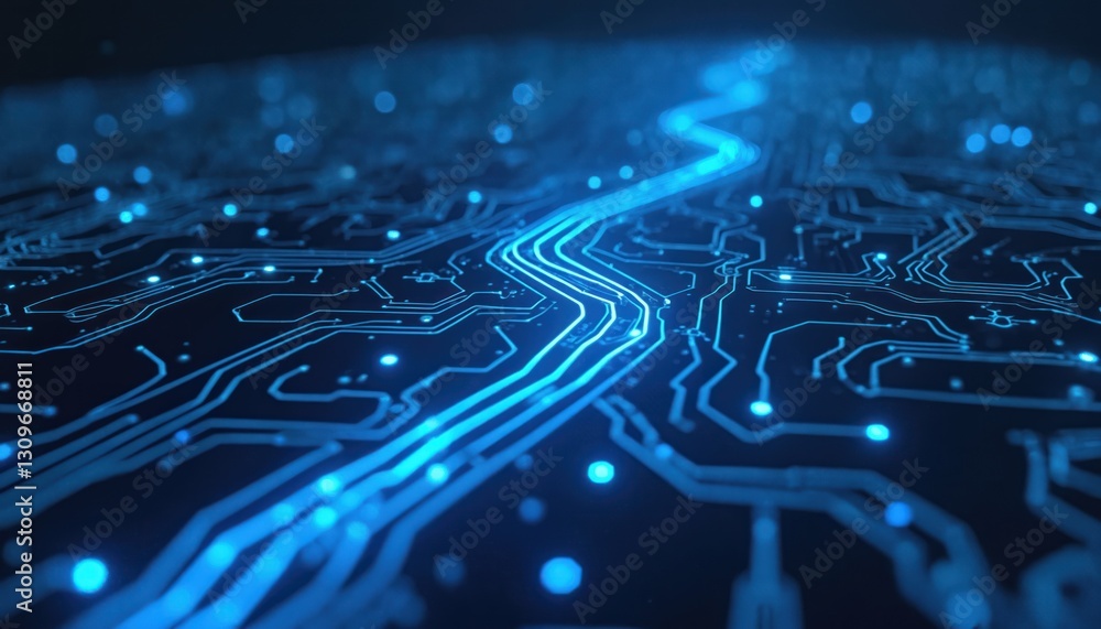 Poster futuristic glowing circuit board featuring illuminated pathways, represents intricacies modern tech 