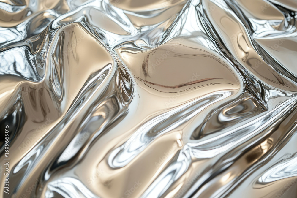 Poster Abstract image of metallic, reflective surface with undulating, flowing textures and warped reflections.
