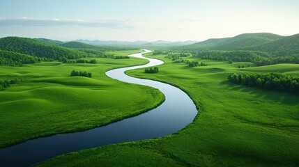 Obraz premium Serene Landscape with Winding River Surrounded by Lush Green Fields and Clear Sky