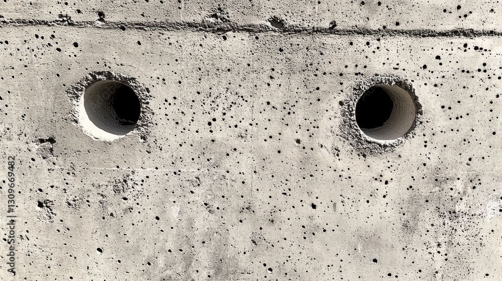 Poster the image features a textured concrete surface with two circular holes, showcasing the material's ru