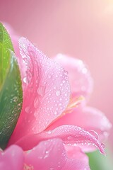 Vertical Branch of Pink petals Adenium flower plant or desert rose blossom with dew droplets of water on green leaf.