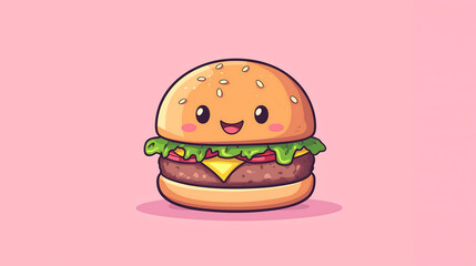 Cute Cartoon Hamburger, Happy Food, Delicious Burger, Sesame Bun, Cheesy Patty
