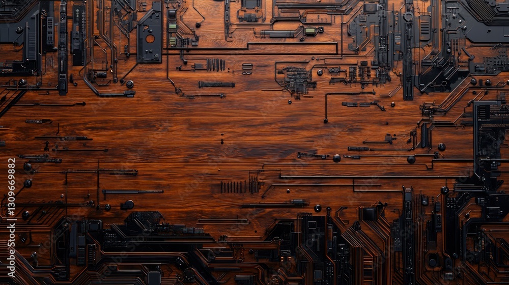 Poster cyberpunk circuit style wood surface embedded tech pattern, with blank part for mockup background wa