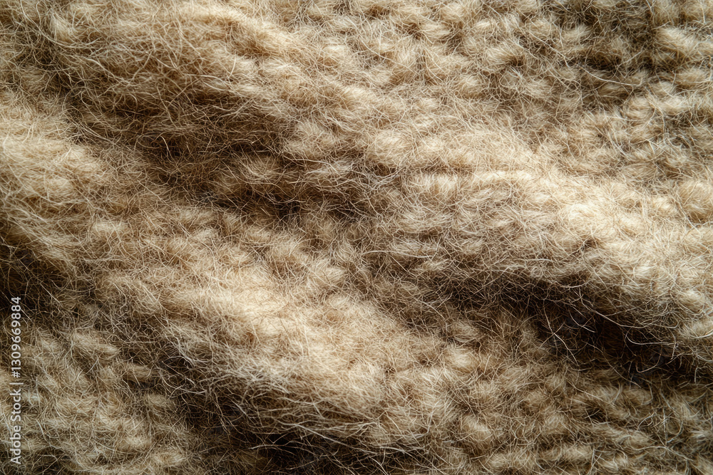Poster close-up view of a fluffy, light brown knitted fabric with a soft, textured surface.