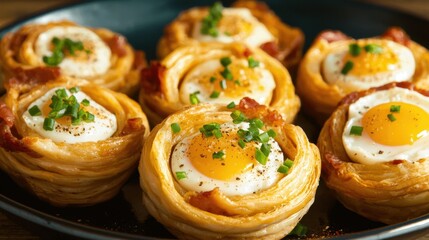 Savory Egg and Bacon Pastry Cups on a Dark Plate with Chives