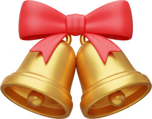 Festive Gold Bells with Red Bow 3D Render Holiday Decoration Christmas New Year