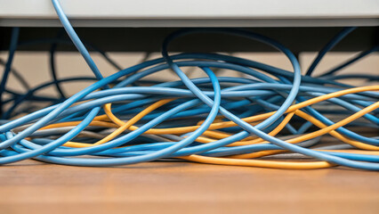 Tangled ethernet cables under desk create chaotic scene, showcasing blue and yellow wires intertwined