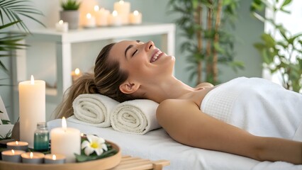 Relaxing Spa Experience with Candles and a Happy Woman in Serenity