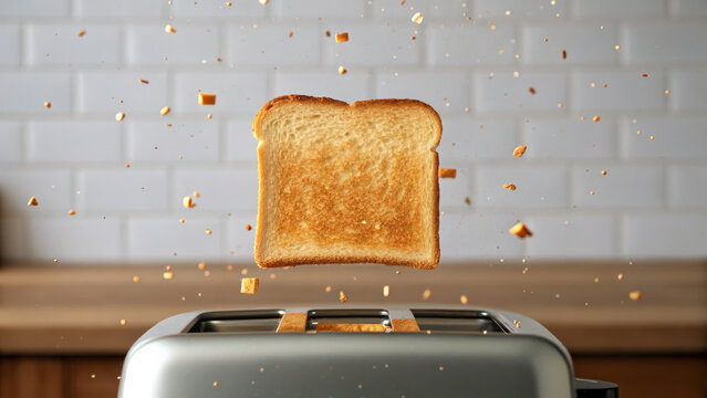 Toasting bread in toaster with crumbs flying around, creating dynamic scene