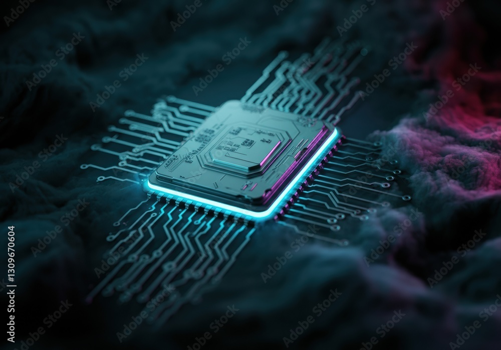Poster futuristic microchip with glowing circuits on a dark background