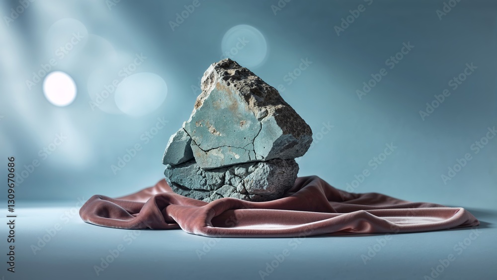 Aufkleber unique rock formation displayed on luxurious fabric against a soft-focus background in a serene sett