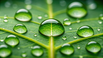 Fototapeta premium Fresh water droplets on green leaf, showcasing nature beauty and detail