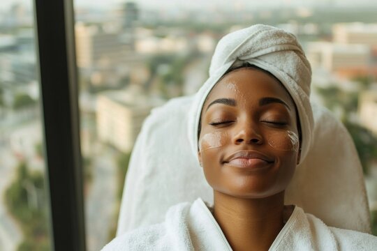 Relaxed woman enjoying spa treatment with facial mask, city view, serene morning, self-care and wellness concept - Powered by Adobe