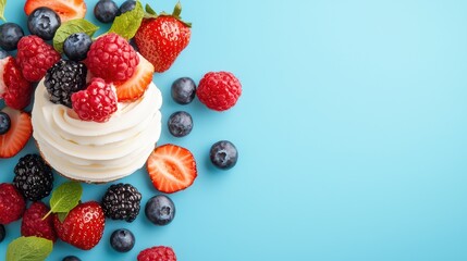 Bright and Allergy-Friendly Dessert with Fresh Berries on Blue Background