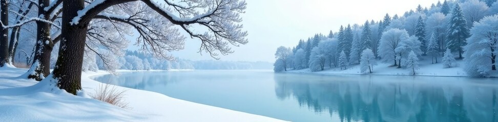 snow-covered tree with frozen lake in background, snowy forest, frosty atmosphere, frozen landscape