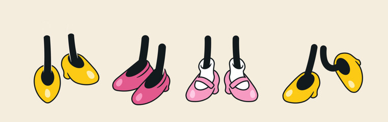70s groovy comic set. Cute retro icons with cartoon feet in different stylish shoes. Design Elements for Stickers. Outline doodle illustration collection isolated on background