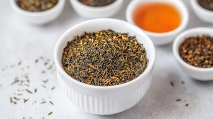 Freshly Harvested Loose Leaf Tea in White Bowl with Background Spices