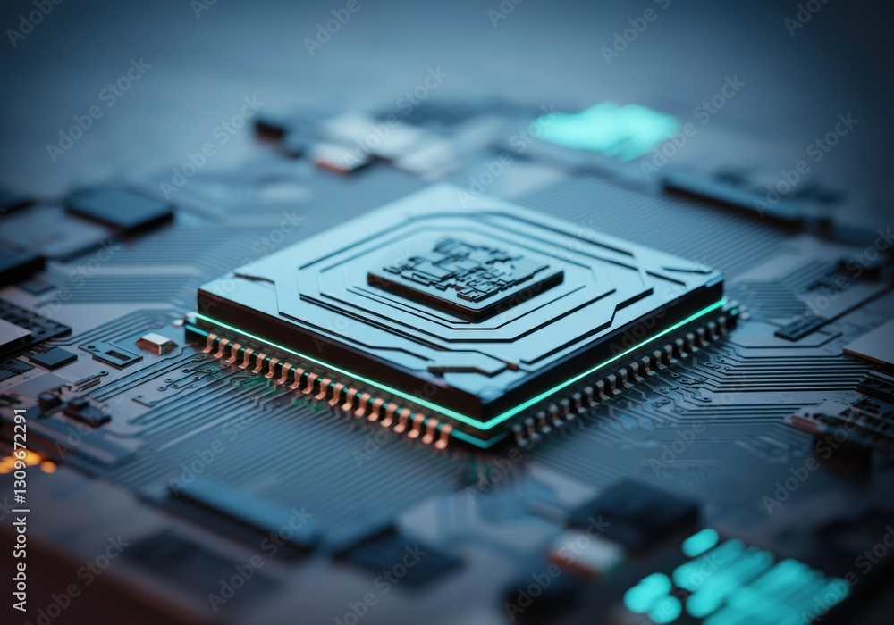 Poster close-up of a modern microchip on a circuit board with glowing elements