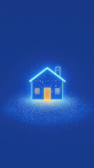glowing blue house icon surrounded by sparkling particles, representing smart home technology and innovation. bright design evokes sense of modern living and comfort