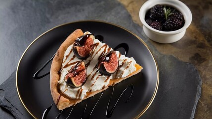 Fig and cream dessert pizza with balsamic drizzle on black plate