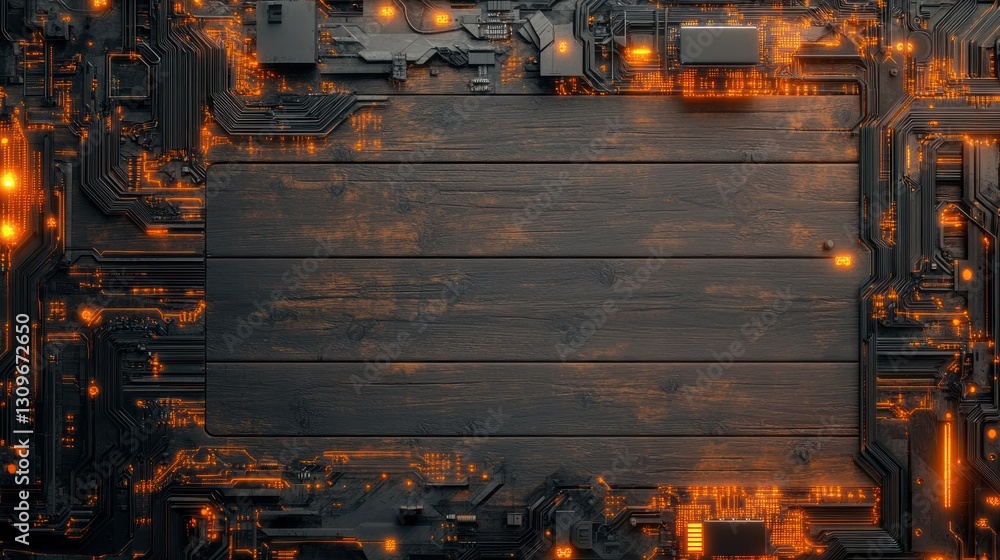 Poster cyber ​​wood texture with embedded microchips and glowing circuits, with empty center mockup backgro