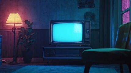 Retro TV in dimly lit room with chair and plant.