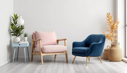 Cozy Interior: Pink and Blue Chairs with Stylish Decor for Comfortable Home