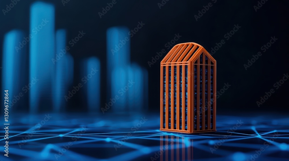 Poster innovative 3d model of orange structure on digital network background