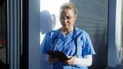 Fototapeta premium Female healthcare worker in blue scrubs using tablet stands outside hospital on urban street in sunlight, demonstrating dedication and modern technology in medical practice.