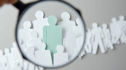Spotlight on Talent: A magnifying glass focuses on a standout figure among a crowd, symbolizing talent search and human resource dynamics. 