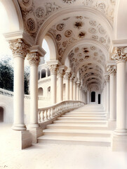 Elegant white colonnade with staircase and arched ceiling.