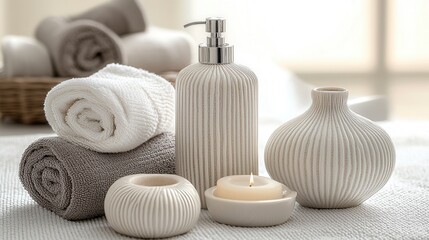 Spa towels, toiletries, and candle