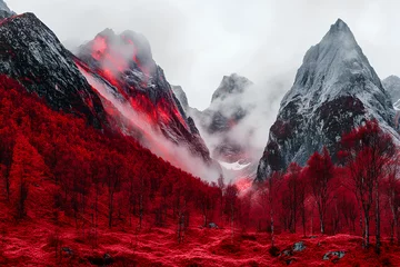 Gardinen  Majestic foggy mountain landscape with a vibrant red forest and snow-capped peaks in the distance © Oleksandr