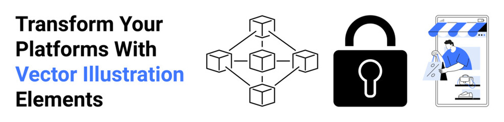 Blockchain network interconnected cubes, secure lock symbol, online shopping concept with storefront. Ideal for cybersecurity, e-commerce, blockchain, technology, business, innovation flat landing