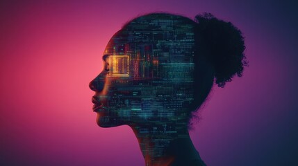 Silhouette of woman with digital circuit overlay, futuristic technology concept, vibrant neon colors, artificial intelligence theme, National Techies Day